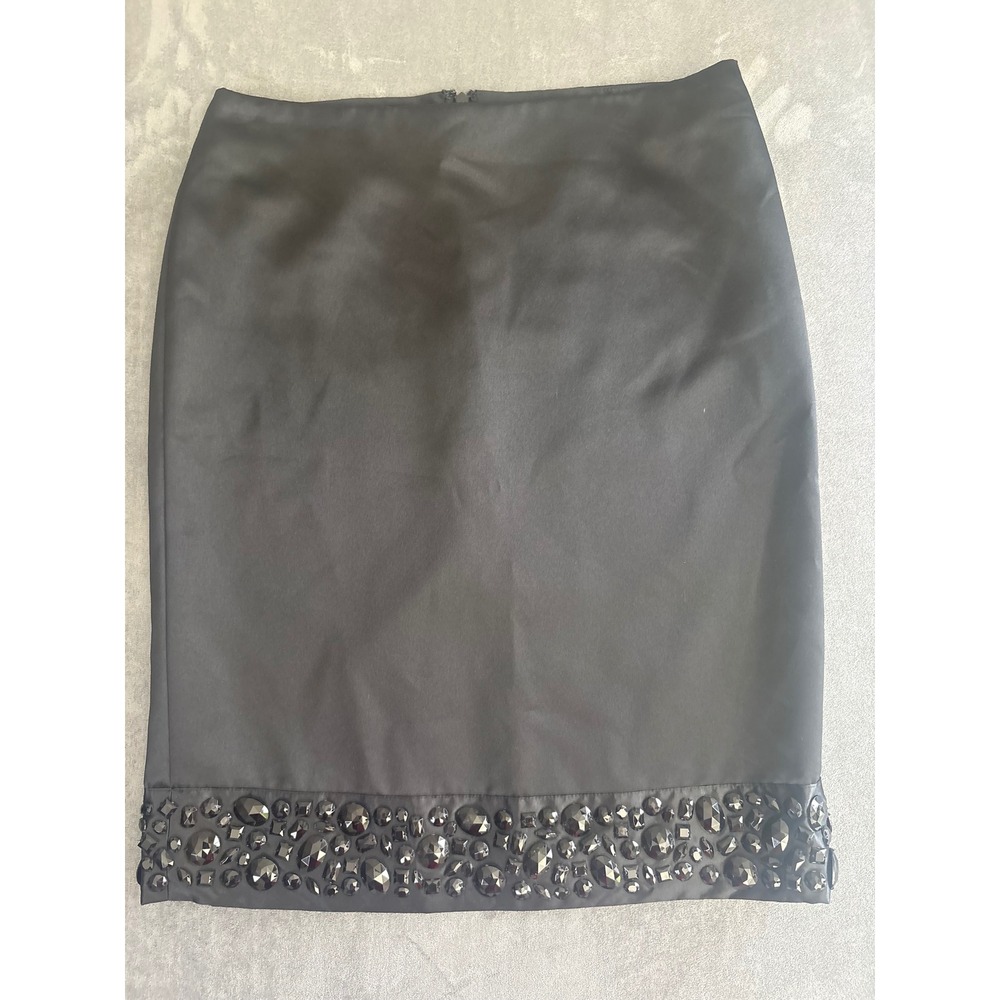 VTG White House Black Market Black Satin Beaded Jewel Hem Pencil Skirt Size 4